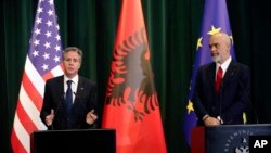 U.S. Secretary of State Antony Blinken, left, and Albania's Prime Minister Edi Rama hold a press conference in Tirana, Albania, Feb. 15, 2024.