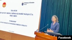 Đại sứ Nhân quyền Thụy Điển Cecilia Ruthström Ruin phát biểu tại tọa đàm nhân quyền hôm 21/3/2023. Photo: Facebook Embassy of Sweden in Hanoi.