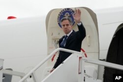 U.S. Secretary of State Antony Blinken deplanes at the Felipe Ángeles International Airport (AIFA) in Zumpango, on the outskirts of Mexico City, Dec. 27, 2023.