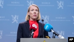 Norway's Foreign Minister Anniken Huitfeldt holds a press conference at the Foreign Ministry in Oslo, Apr. 13, 2023. 