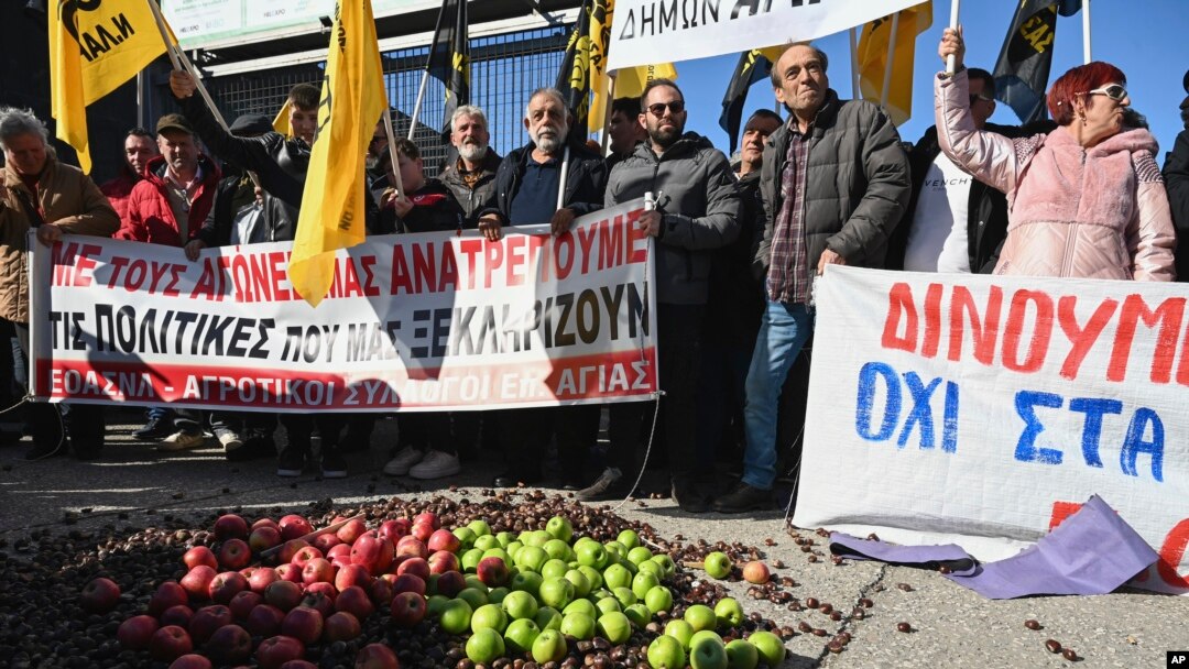 Protesting farmers with their tractors take part in a rally outside the annual Agrotica trade fair in the port city of Thessaloniki, northern Greece, Feb. 3, 2024.