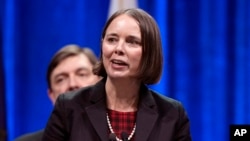 FILE - Secretary of State Shenna Bellows speaks at an event, Jan. 4, 2023, in Augusta, Maine.