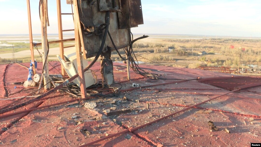 A view shows damaged equipment on the roof of a reactor at Zaporizhzhia Nuclear Power Plant after a Ukrainian drone was shot down, station officials said, in Russian-controlled Ukraine, April 7, 2024. (Zaporizhzhia Nuclear Power Plant/via Reuters)