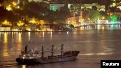 Cargo ship Aroyat, carrying Ukrainian grain, transits the Bosphorus in Istanbul, Turkey, Sept. 24, 2023.