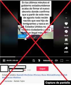 Captura de desinformación en TikTok sobre ciudadanía por nacimiento en EEUU.