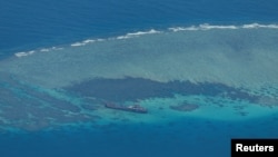 FILE - An aerial view shows the BRP Sierra Madre on the contested Second Thomas Shoal, locally known as Ayungin, in the South China Sea, March 9, 2023.