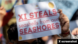 Protesters in the Philippines capital of Manila on April 9, 2024, condemn China's "aggression" against the Philippines in the South China Sea.
