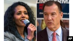 FILE — Congressional candidates, Mazi Pilip, left, and former U.S. Rep. Tom Suozzi are shown in this combination of file photos. 