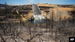 El agua fluye por el aliviadero de la presa de Oroville detrás de la vegetación quemada en el incendio Thompson, en Oroville, California, el miércoles 3 de julio de 2024.