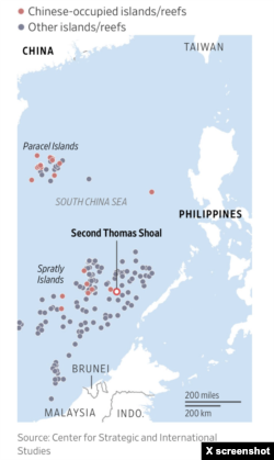 Peta ini menunjukkan jarak Second Thomas Shoal yang lebih dekat dengan Filipina.