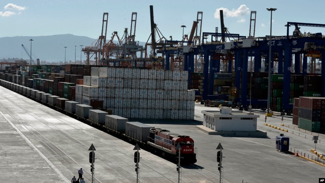 FILE - A freight train line at the port of Piraeus during its inauguration on June 20, 2014. Greece on Feb. 26, 2024, agreed to participate in and lead an EU security operation in the Red Sea, to protect commercial shipping from Houthi attacks. 