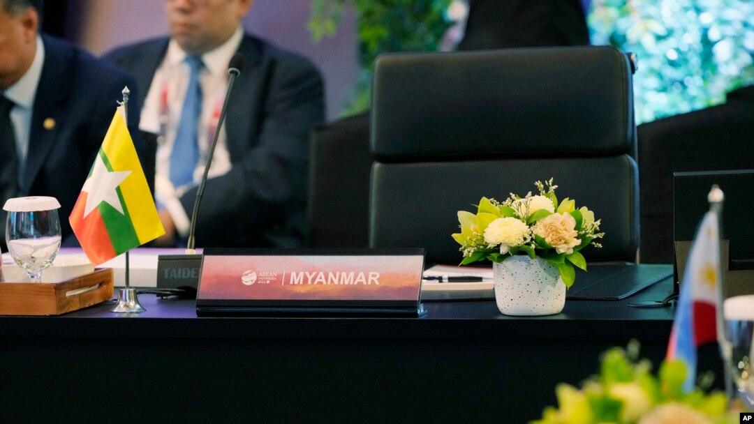 The seat reserved for Myanmar is left empty during the Meeting of the Southeast Asia Nuclear Weapon Free Zone Commission at the Association of Southeast Asian Nations (ASEAN) Foreign Minister's Meeting in Jakarta, Indonesia, July 11, 2023. 