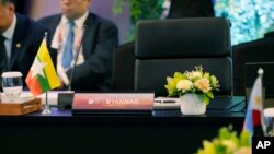 The seat reserved for Myanmar is left empty during the Meeting of the Southeast Asia Nuclear Weapon Free Zone Commission at the Association of Southeast Asian Nations (ASEAN) Foreign Minister's Meeting in Jakarta, Indonesia, July 11, 2023. 