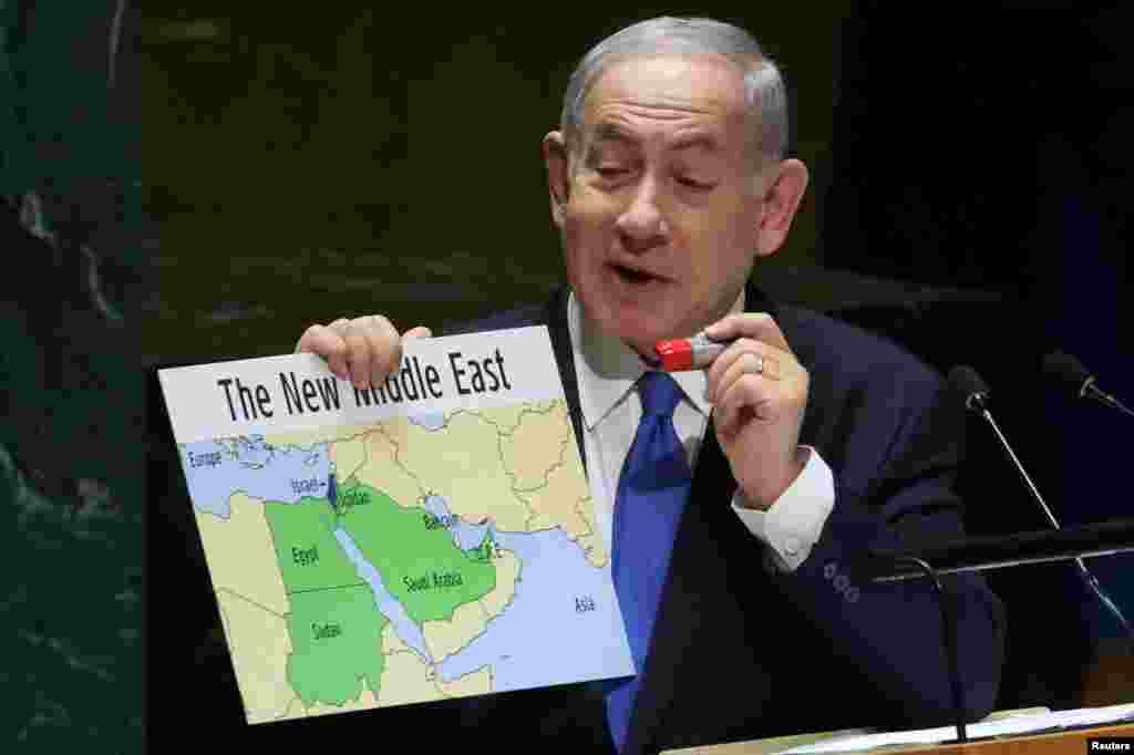 Prime Minister of Israel Benjamin Netanyahu addresses the 78th United Nations General Assembly at U.N. headquarters in New York City, New York.