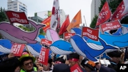 
2023年7月6日，韩国首尔，韩国工会联合会成员在反对日本政府排放福岛核电站处理过的放射性水的决定集会上与警察发生冲突。
