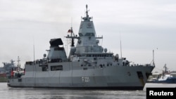The frigate Hessen departs from Wilhelmshaven, Germany, Feb. 8, 2024. It will participate in the international Aspides mission to protect shipping and ensure freedom of navigation in the Red Sea.