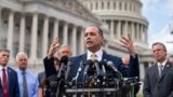 FILE - Rep. Bob Good, R-Va., and members of the conservative House Freedom Caucus hold a news event outside the Capitol in Washington, Sept. 12, 2023, as Congress faces a deadline to fund the government by the end of the month or risk a federal shutdown.