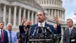 FILE - Rep. Bob Good, R-Va., and members of the conservative House Freedom Caucus hold a news event outside the Capitol in Washington, Sept. 12, 2023, as Congress faces a deadline to fund the government by the end of the month or risk a federal shutdown.