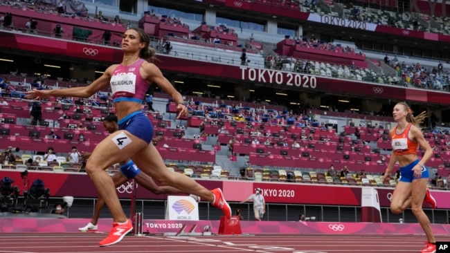 FILE - Sydney McLaughlin, of the United States, wins the women's 400-meter hurdles at the 2020 Summer Olympics, in Tokyo, Japan, Aug. 4, 2021.