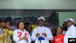 FILE - The President Felix Tshisekedi (C) delivers his speech in front of supporters after the announcement of the election results at QG Fatshi 20, the headquarters of his electoral campaign, in Gombe, Kinshasa, on December 31, 2023. 