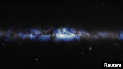 An artist's composition of the Milky Way seen with a neutrino lens (blue) is shown in this undated handout image. (Lily Le & Shawn Johnson)/ESO (S. Brunier)/Handout via REUTERS )