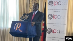 Kenya opposition leader Raila Odinga speaks to the international media at the Kempinski hotel in Nairobi, Kenya, July 25, 2023. (Mariama Diallo/VOA)