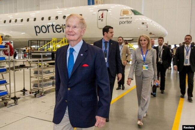 NASA chief Bill Nelson visits the production line of Brazilian plane maker Embraer EMBR3.SA, in Sao Jose dos Campos, Brazil, July 25, 2023. (Embraer/Claudio Capucho/Handout via REUTERS)