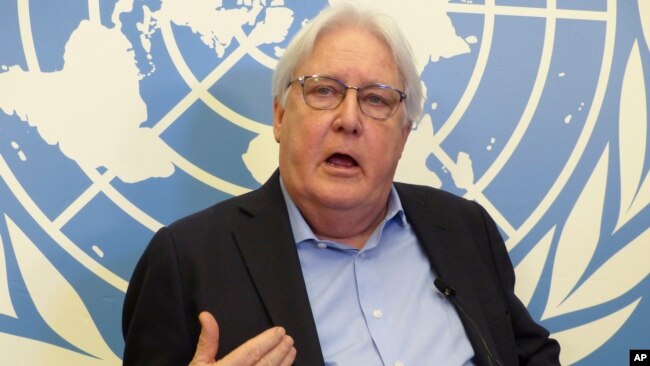 FILE - U.N. humanitarian aid coordinator Martin Griffiths speaks in Geneva, Switzerland, May 18, 2023.