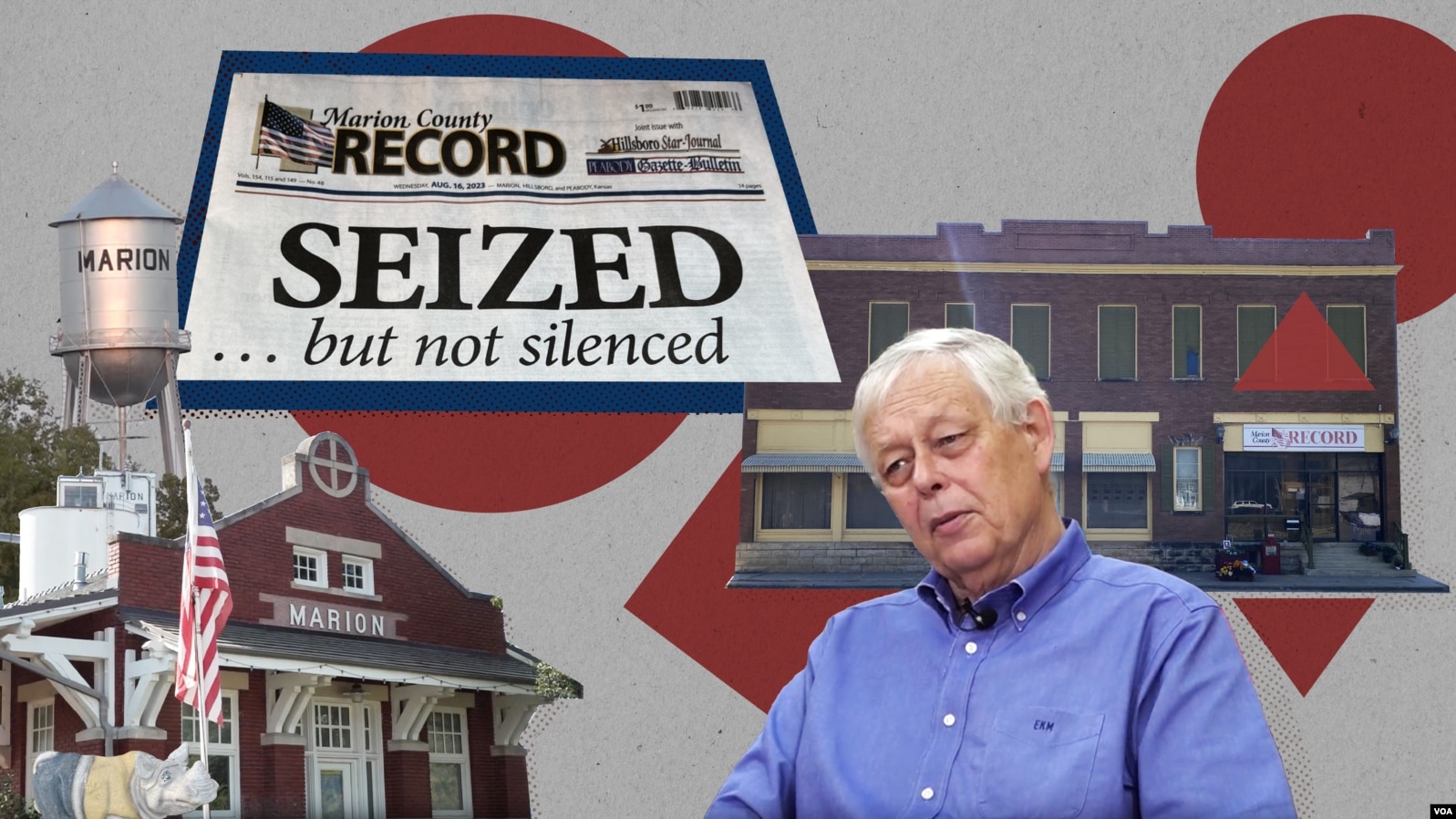The Marion County Record with a headline of "Seized but Not Silenced," surrounded by pictures of Marion and an older man in a work shirt The Marion County Record with a headline of "Seized but Not Silenced," surrounded by pictures of Marion and an older man in a work shirt