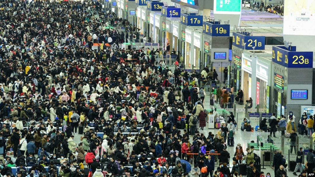 Passengers gather at the Shanghai Hongqiao railway station in Shanghai on Feb. 3, 2024, during peak travel ahead of the Lunar New Year of the Dragon, which falls on February 10.