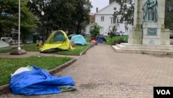 A homeless encampment in downtown Halifax saw tents destroyed by the wind and rain from Hurricane Lee in September 2023.