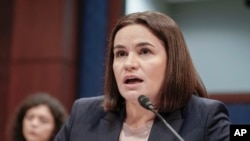 Sviatlana Tsikhanouskaya, head of the United Transitional Cabinet of Belarus, testifies during a House Foreign Affairs subcommitee meeting about Belarus, on Capitol Hill, Dec. 5, 2023, in Washington.