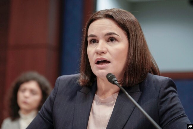 FILE - Sviatlana Tsikhanouskaya, head of the United Transitional Cabinet of Belarus, testifies during a House Foreign Affairs subcommittee meeting about Belarus, on Capitol Hill, in Washington, Dec. 5, 2023.