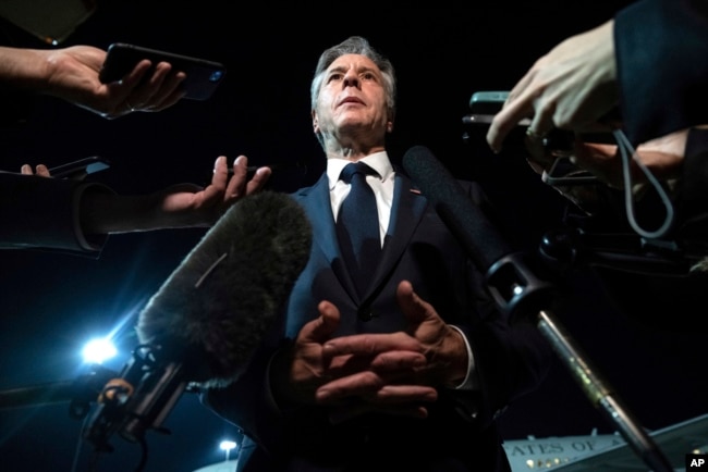 U.S. Secretary of State Antony Blinken speaks to the media prior to departure from Al Maktoum International Airport in Dubai, United Arab Emirates, Dec. 1, 2023.