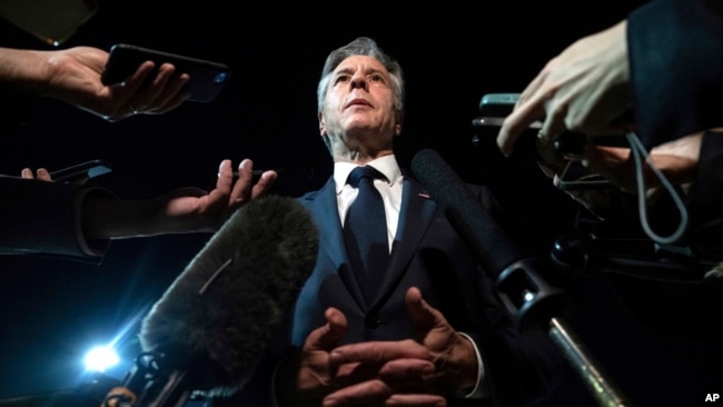 U.S. Secretary of State Antony Blinken speaks to the media prior to departure from Al Maktoum International Airport in Dubai, United Arab Emirates, Dec. 1, 2023. On Dec. 9, Blinken approved the first U.S. emergency weapons' sale to Israel.