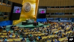 The United States' U.N. ambassador, Linda Thomas-Greenfield, addresses the General Assembly at U.N. headquarters in New York, Oct. 27, 2023.