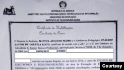 Certificado de habilitações de Gonçalo Fusso passado pelo Instituto de Telecomunicações em Luanda, em 2016