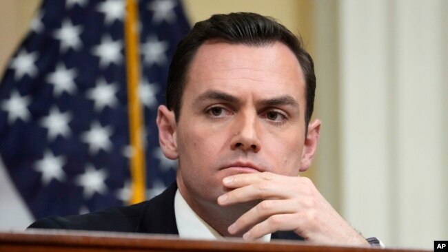 FILE - Chairman Mike Gallagher, R-Wis., listens during a hearing of a special House committee dedicated to countering China, on Capitol Hill, Feb. 28, 2023, in Washington. Gallagher and other U.S. lawmakers began a three-day visit to Taiwan Feb. 22, 2024.
