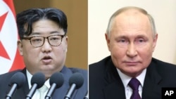 FILE - This combination of photos shows North Korean leader Kim Jong Un, left, and Russian President Vladimir Putin.