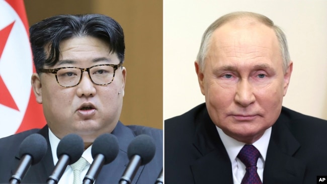 FILE - This combination of photos shows North Korean leader Kim Jong Un, left, on Jan. 15, 2024, and Russian President Vladimir Putin on Feb. 17, 2024. Putin gave Kim a Russian-made car for his personal use to demonstrate their special relations, North Korea media reported.