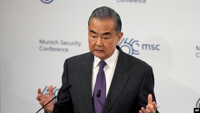 Chinese Foreign Minister Wang Yi delivers a speech at the Munich Security Conference at the Bayerischer Hof Hotel in Munich, Germany, Feb. 17, 2024.