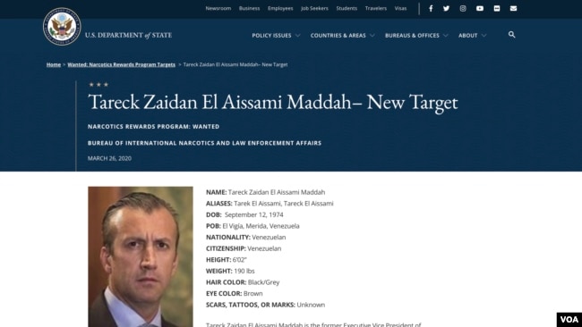 Captura de pantalla del sitio web del Departamento de Estado donde ofrece una recompensa por información sobre el ex ministro de Petróleo de Venezuela, Tarek El Aissami, que renunció a su cargo por un millonario caso de corrupción en la estatal PDVSA.