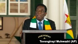 FILE - Zimbabwean President Emmerson Mnangagwa addresses a press conference at State House in Harare on Sunday, August 27, 2023.