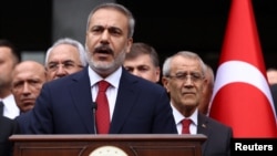 Turkey's Foreign Minister Hakan Fidan speaks during a ceremony in Ankara, Turkey, June 5, 2023. 