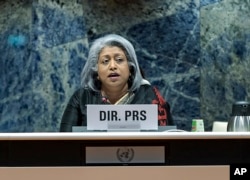 Dr Gaya Gamhewage, Direktur WHO, Pencegahan dan Respons terhadap Pelecehan Seksual, berbicara pada Majelis Kesehatan Dunia ke-76 di Jenewa, Swiss, 25 Mei 2023. (Foto: via AP)