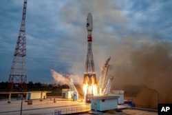FILE - In this image made from video released by Roscosmos State Space Corporation, the Soyuz-2.1b rocket with the moon lander Luna-25 automatic station takes off from a launch pad at the Vostochny Cosmodrome in the Russian Far East, Aug. 11, 2023.