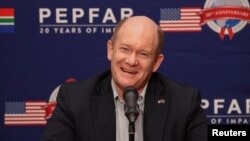 FILE - U.S. Senator Chris Coons (D-DE) speaks to members of the media about the impact of U.S. President’s Emergency Plan for AIDS Relief (PEPFAR) over the last 20 years, in Johannesburg, South Africa, February 23, 2023.