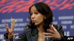 FILE - French-Senegalese filmmaker and actress Mati Diop speaks during a press conference for the film "Dahomey" presented in competition of the 74th Berlinale, Europe's first major film festival of the year, on February 18, 2024 in Berlin.