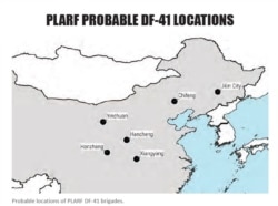 東風-41可能的部署地點，這是中國火箭軍現有庫存中最新最先進的洲際彈道導彈，可將最多3枚彈頭髮射到超過13000公裡外的目標，可瞄準美國東海岸（source: "People’s Liberation Army Rocket Force Order of Battle 2023"截圖)