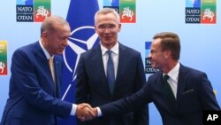 Turski predsjednik Recep Tayyip Erdogan rukuje se sa švedskim premijerom Ulfom Kristerssonom uoči samita NATO-a u Vilniusu, Litvanija, 10. jula 2023.